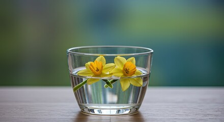 Yellow Daffodils in Clear Glass Filled with Water on Wood Table