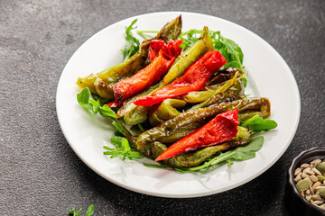 Grilled pepper salad roasted vegetables bbq meal tasty snack fresh delicious gourmet food background on the table rustic food top view copy space keto and paleo diet vegan and vegan food