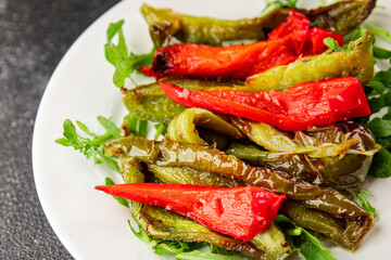Grilled pepper salad roasted vegetables bbq meal tasty snack fresh delicious gourmet food background on the table rustic food top view copy space keto and paleo diet vegan and vegan food