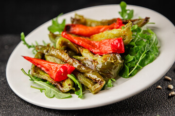 Grilled pepper salad roasted vegetables bbq meal tasty snack fresh delicious gourmet food background on the table rustic food top view copy space keto and paleo diet vegan and vegan food