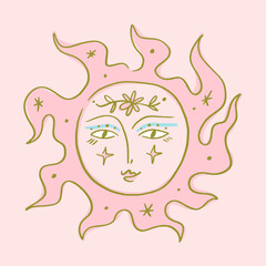 Bohemian Cute Childish Sun with Floral Crown and Sparkles Hippie Boho Vector Astrology Magic Clipart