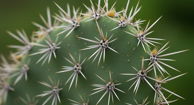 Close up of green prickly pear cactus pad with sharp white spines succulent plant