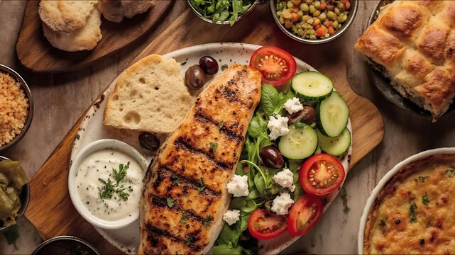 Grilled Fish Fillet with Fresh Mediterranean Salad, Feta Cheese, Olives, and Tzatziki Sauce, served with Artisan Bread.