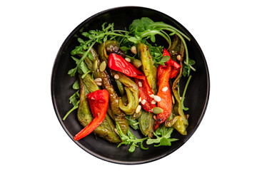 Grilled pepper salad roasted vegetables bbq meal tasty snack fresh delicious gourmet food background on the table rustic food top view copy space keto and paleo diet vegan and vegan food