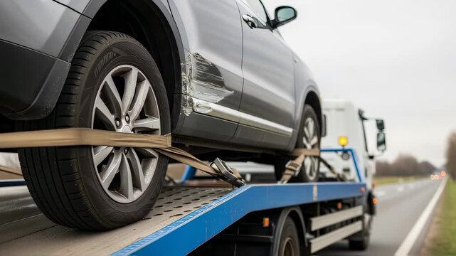 Damaged car with scratches and dents transported on a tow truck for repair after a road accident, illustrating vehicle recovery footage.