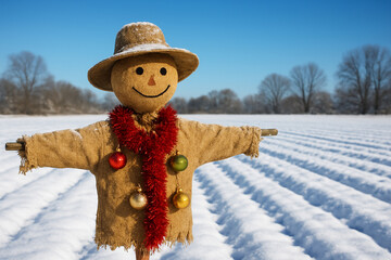 Christmas Scarecrow Decoration in Winter Field