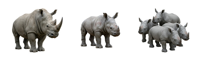 Fototapeta premium Majestic adult rhino stands with playful calves creating a powerful wildlife conservation scene