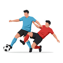 Intense football duel showing a defender in a red uniform making a sliding tackle to challenge an attacker with the ball