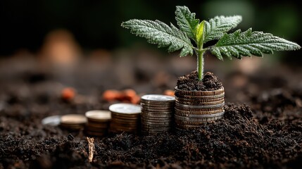Small Plant Sprouting Miracle Among Stacked Gold Coins A Symbol of Resilience and Growth, Ideal for Empowering Projects and Marketing Campaigns.