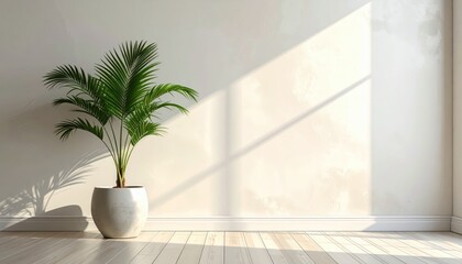 A serene, minimalist interior scene showcases a single palm tree in a light gray planter, bathed in natural sunlight.