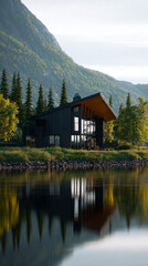 Obraz premium Modern lakeside cabin with mountain reflection in calm nature