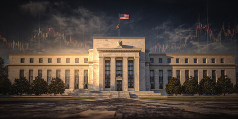 Federal Reserve Building Majestic Neoclassical Architecture Grand Marble Columns and Stone Pediment Under a Dramatic Sky
