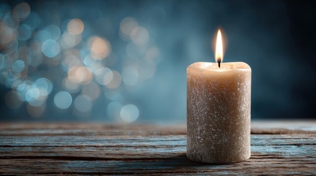 Close-Up of Lit Candle on Rustic Table with Bokeh Background for Holiday Text Placement