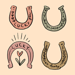 Lucky You Logo Set Horseshoe Lettering Sign Floral Illustration with Psychedelic Vibe Boho Vector Clipart Ornate Illustrated Print