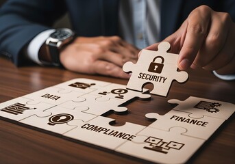 Obraz premium A detailed, hands-on image representing the meticulous process of building a secure business model piece by piece