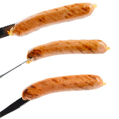 Collection set of human hands holding a sausage with a knife isolated over a white background. Oktoberfest festival