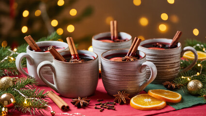 Christmas mulled wine in ceramic mugs with cinnamon, orange slices and star anise on festive table with pine branches and lights