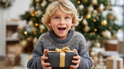 Christmas excited boy holding a wrapped gift with golden ribbon in front of decorated tree and glowing festive background