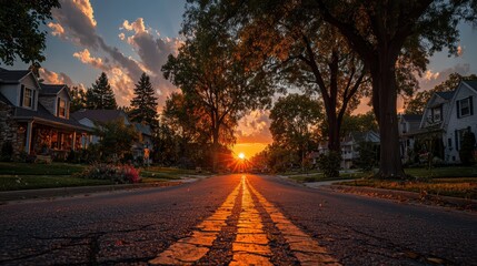 Stunning Sunset Over Suburban Homes Ideal for Real Estate and Lifestyle Marketing, Inspiring a Sense of Tranquility.