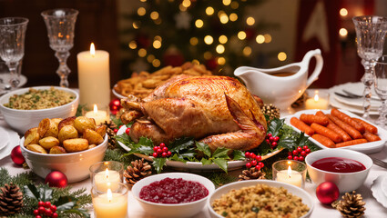 Christmas dinner table with roasted turkey, potatoes, vegetables, candles and festive decorations, traditional holiday meal setting