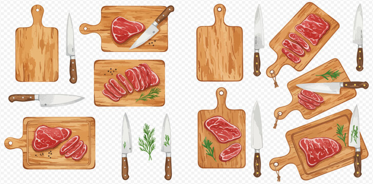Watercolor illustration featuring various cuts of raw meat on wooden cutting boards with knives and dill sprigs.