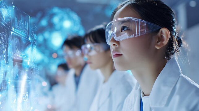 Scientists in a modern laboratory, wearing protective glasses, analyze digital data displayed in front of them