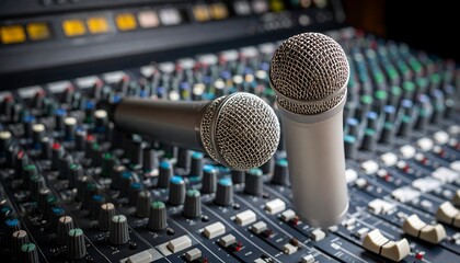 Two microphones on a sound mixing console