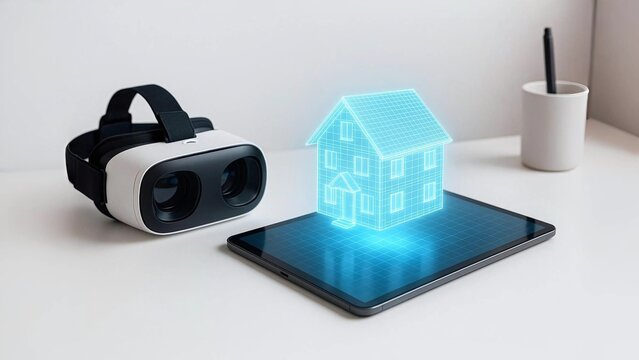 Modern Office Desk with VR Headset, AR Tablet, and Holographic 3D Model