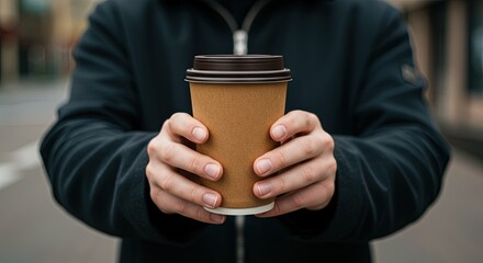 Hands Holding Brown Coffee Cup Outdoors on Gray Pavement Street