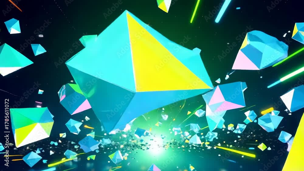 Poster video of geometric abstraction in neon: an abstract composition of neon-lit geometric shapes floats 