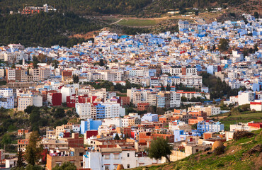 Panoramic view of Chefchaouen, Morocco. The blue city