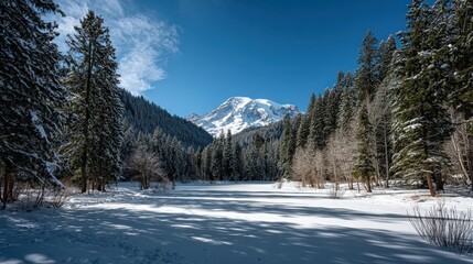 Snowy Mountain and Forest with Frozen Lake