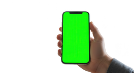 Hand holding smartphone with green screen isolated on transparent background