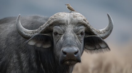 Naklejka premium African Savannah Scene Water Buffalo with a Perched Bird, Captured in Stunning Detail for HighImpact Marketing.