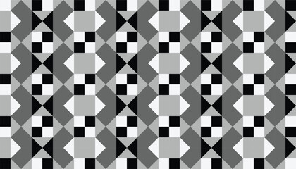 Seamless monochrome geometric pattern with repeating angular shapes in black, white, and gray tones, ideal for modern backgrounds or textile designs