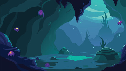 Naklejka premium Mystical underwater cavern with glowing crystal and swimming fish scalable vector illustration
