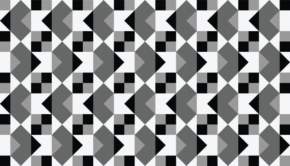 Monochrome seamless geometric pattern with black, white, and gray angular blocks in a dynamic abstract design