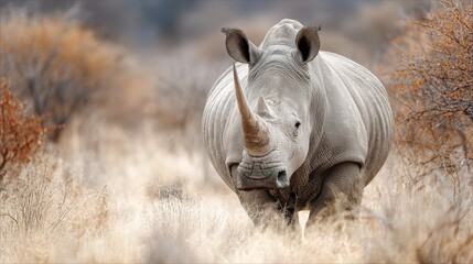 Majestic White Rhino Standing Vigilantly Amidst Wild Grassland Ideal for Conservation Awareness Campaigns, Promotes Awareness of AntiPoaching Efforts.