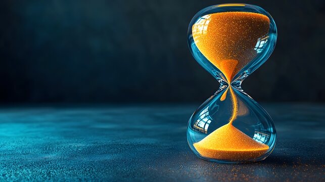 Glass hourglass with vibrant orange sand flowing symbolizing the passage of time deadlines and creative thinking