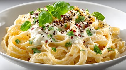 Gourmet dish of fettuccine alfredo is served in a wide white bowl, topped with creamy sauce, fresh basil, and pepper on a white background.