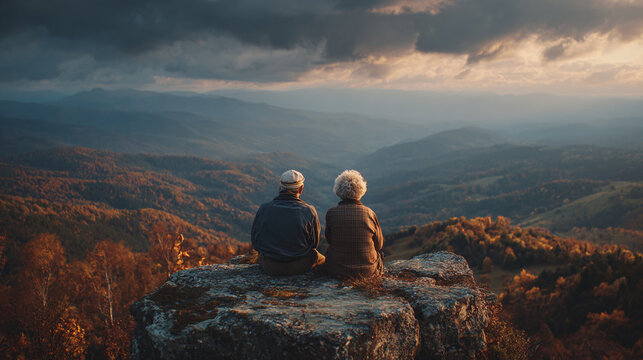 seniors enjoying serene outdoors together overlooking beautiful mountains reflecting retirement lifestyle companionship freedom tranquility and nature inspired peace