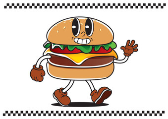 Joyful cartoon burger character walking and waving hello on white background with checkered frame. Food concept