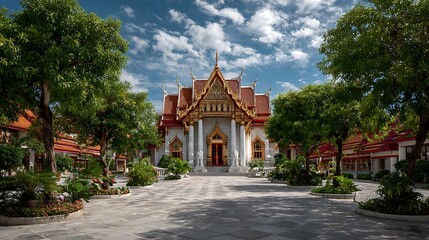 Obraz premium Grand, ornate Thai temple with a golden gabled roof and intricate doors is surrounded by lush tropical trees under a bright, partly cloudy sky.