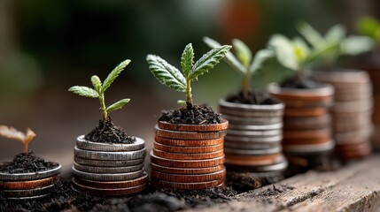 Stacked Coins with Sprouting Plants Inspiring Financial Growth, Perfect for Business and Marketing Campaigns.