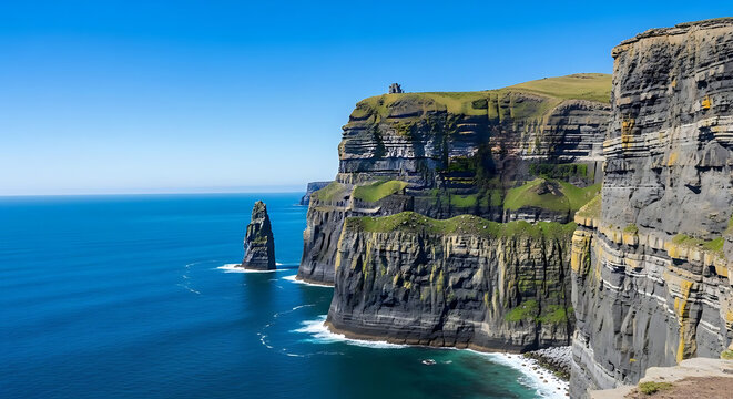 Aerial view of the cliffs of moher with a sea stack and blue ocean on a sunny day in ireland ai generated - Powered by Adobe