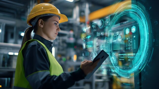 Female engineer operates advanced digital tablet and holographic interface, managing smart factory production and leading digital transformation in modern industry