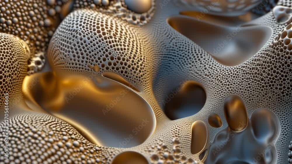 Poster microscopic golden organic landscape revealing intricate biological patterns, morphing dynamically t