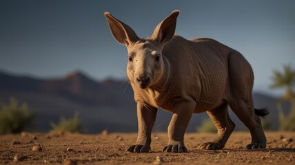 Baby rhino in desert landscape