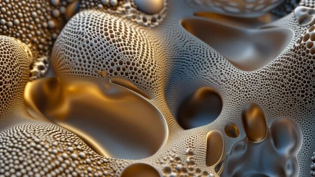 Microscopic golden organic landscape revealing intricate biological patterns, morphing dynamically through cellular evolutionary transformations under high magnification