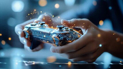 Illuminated wireless game controller gripping by hands, emitting vibrant glow against shadowy blurred backdrop, highlighting cutting edge gaming technology - Powered by Adobe